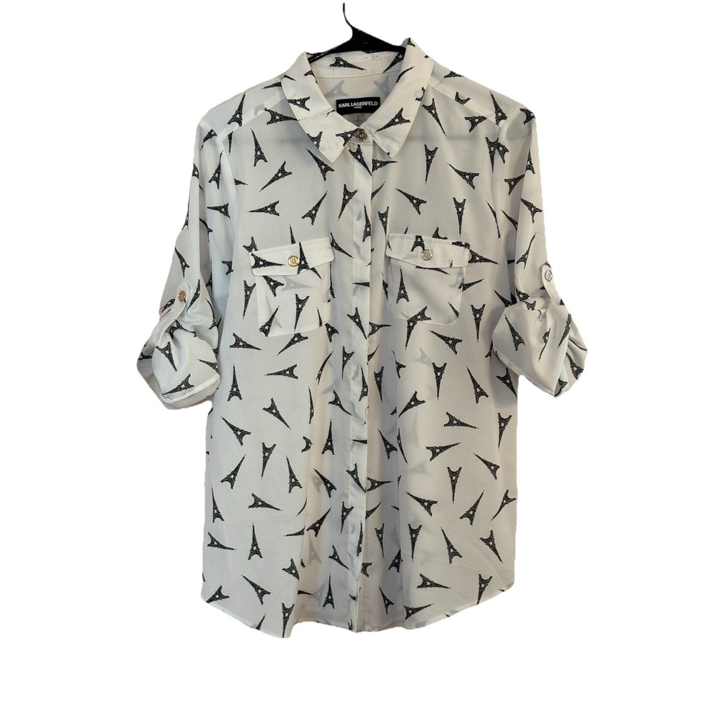 Karl Lagerfeld White Long Sleeve Button-Up Shirt Black Eiffel Tower Print - Picture 4 of 8